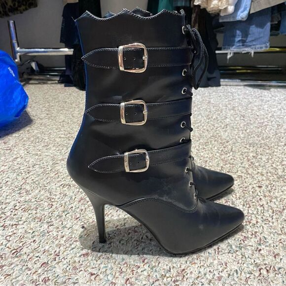 Pleasers Black Buckle Ankle Bootie Heels Womens Size 9 - Picture 1 of 6